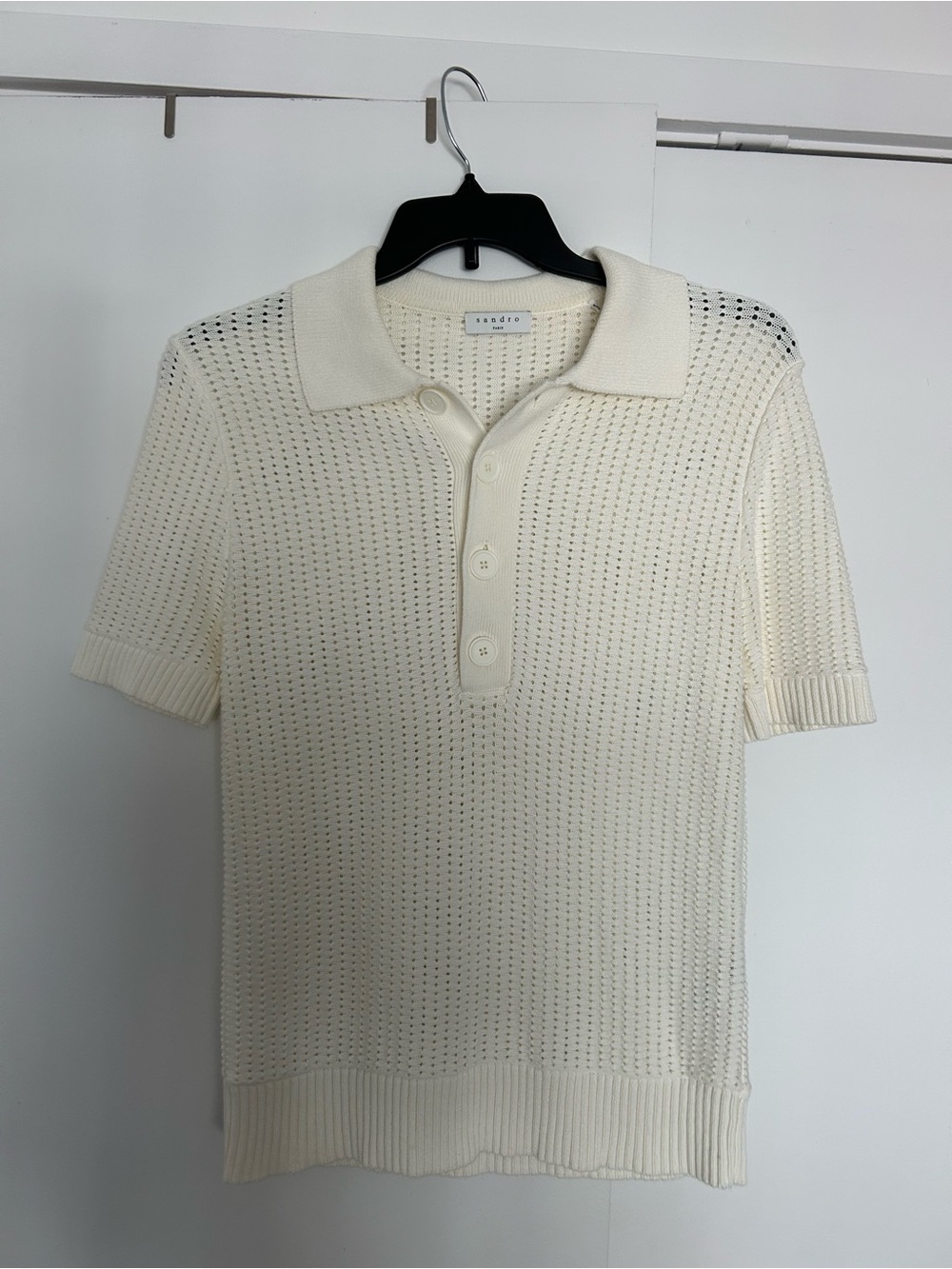 Sandro Cream Open-Knit Short-Sleeve Polo